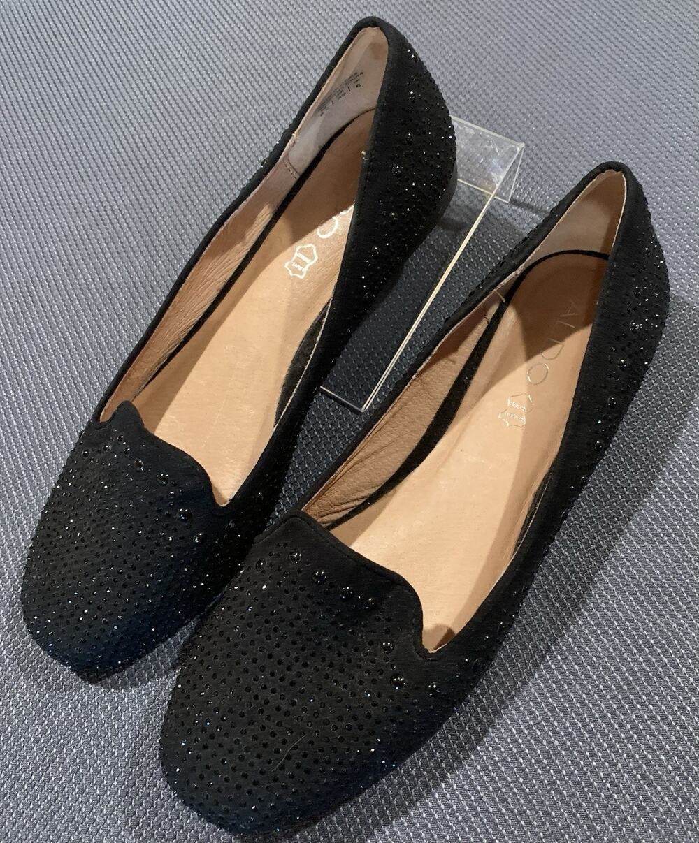 Aldo Black Rhinestone Embellished Loafers Slip On Smoking Flats Womens Size 8.5
